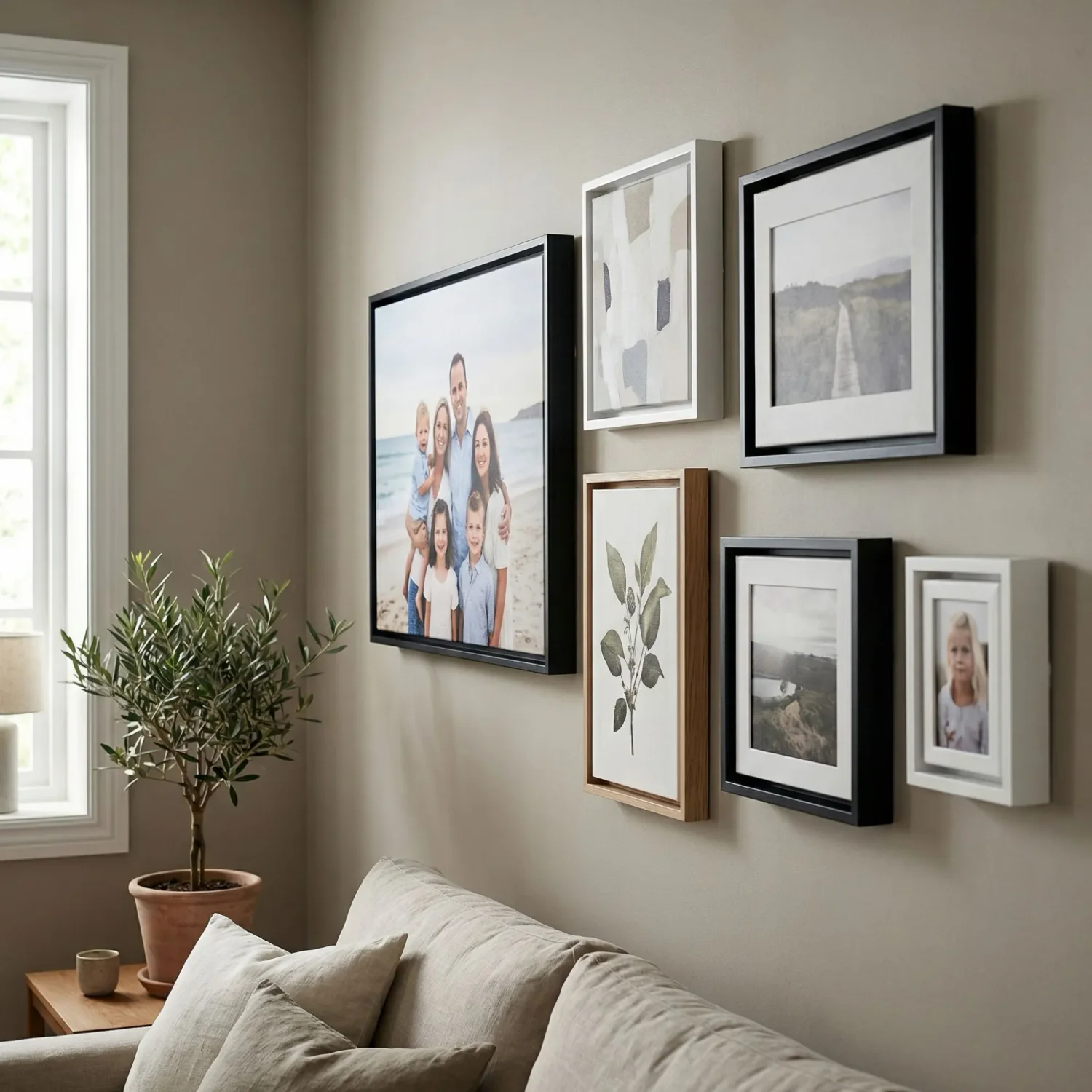 Black, white, and wood framed canvas prints on wall