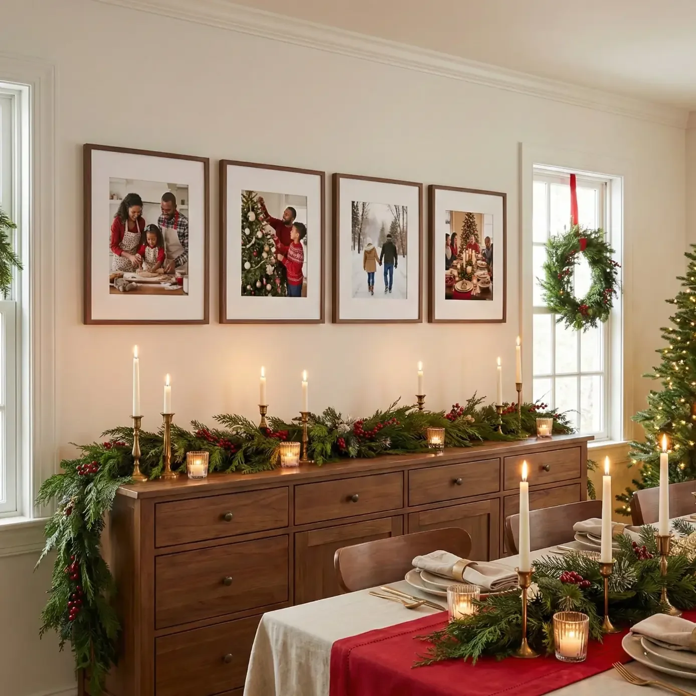 Holiday dining room with garland, candles, and family photos