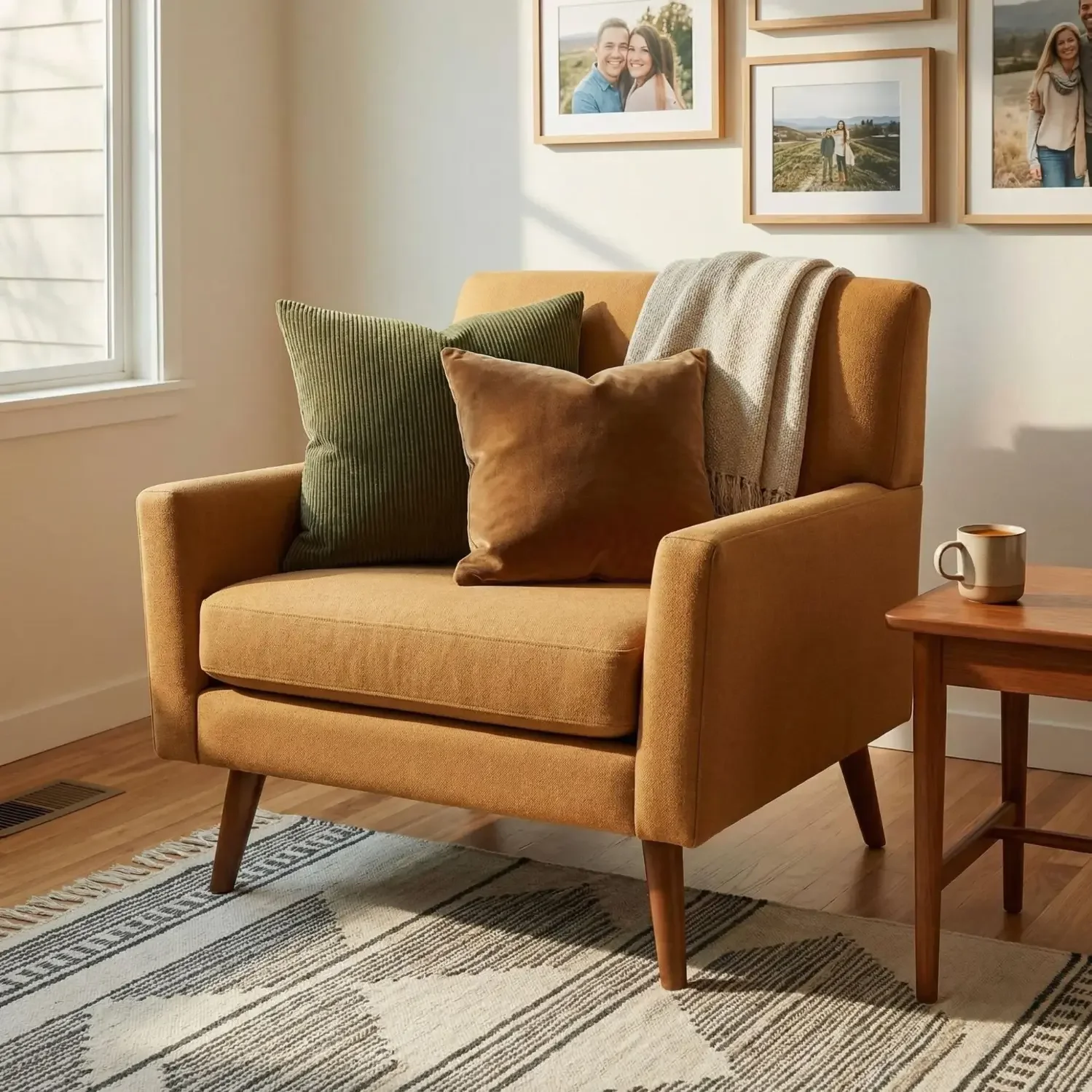 Layered velvet and linen pillows on MCM armchair