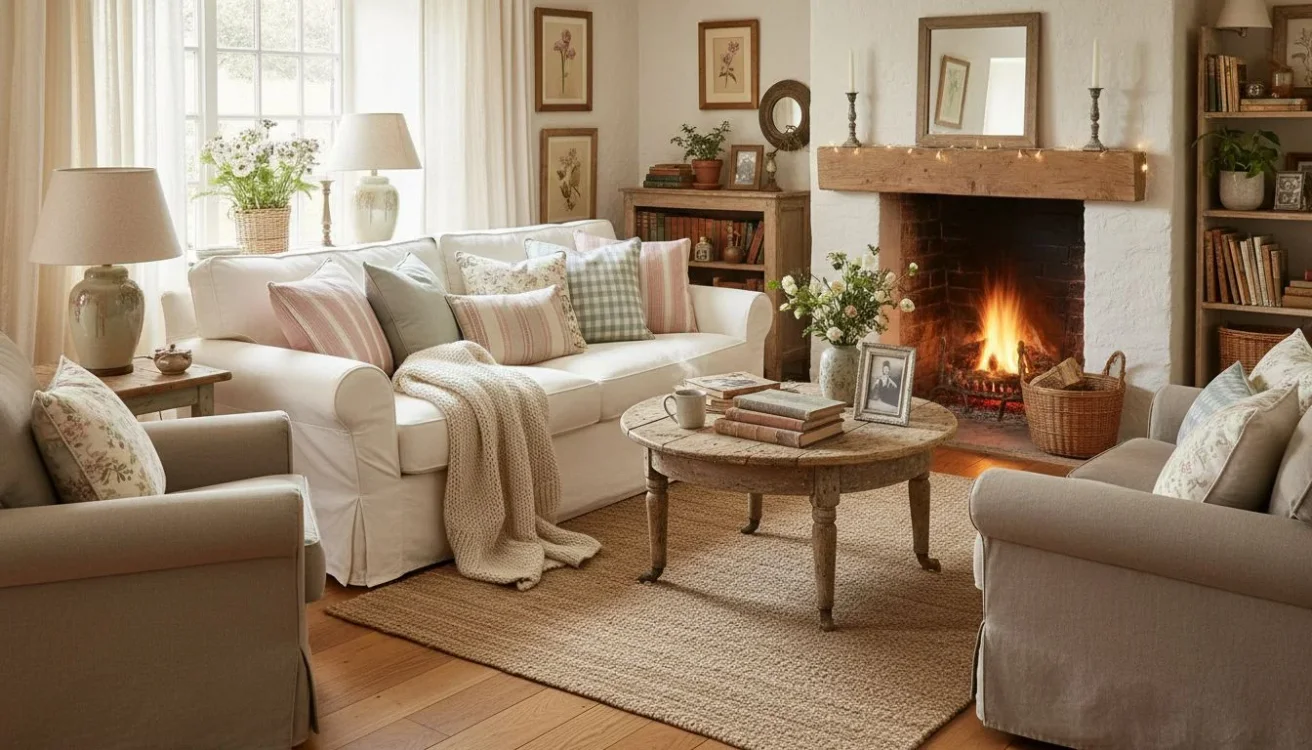Slipcovered sofa with cozy cottage pillows