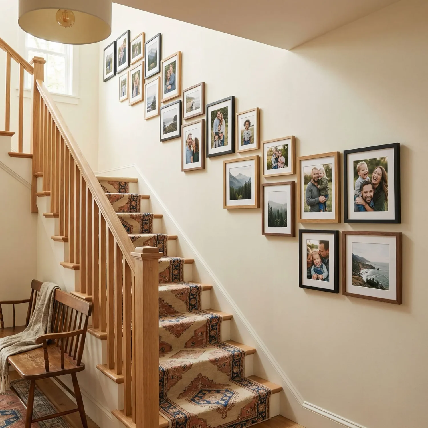 Staircase wall with diagonal framed photos layout