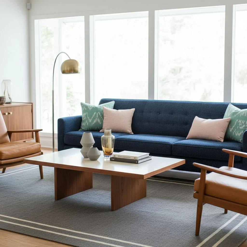 Mid-century modern living room with 1950s colors