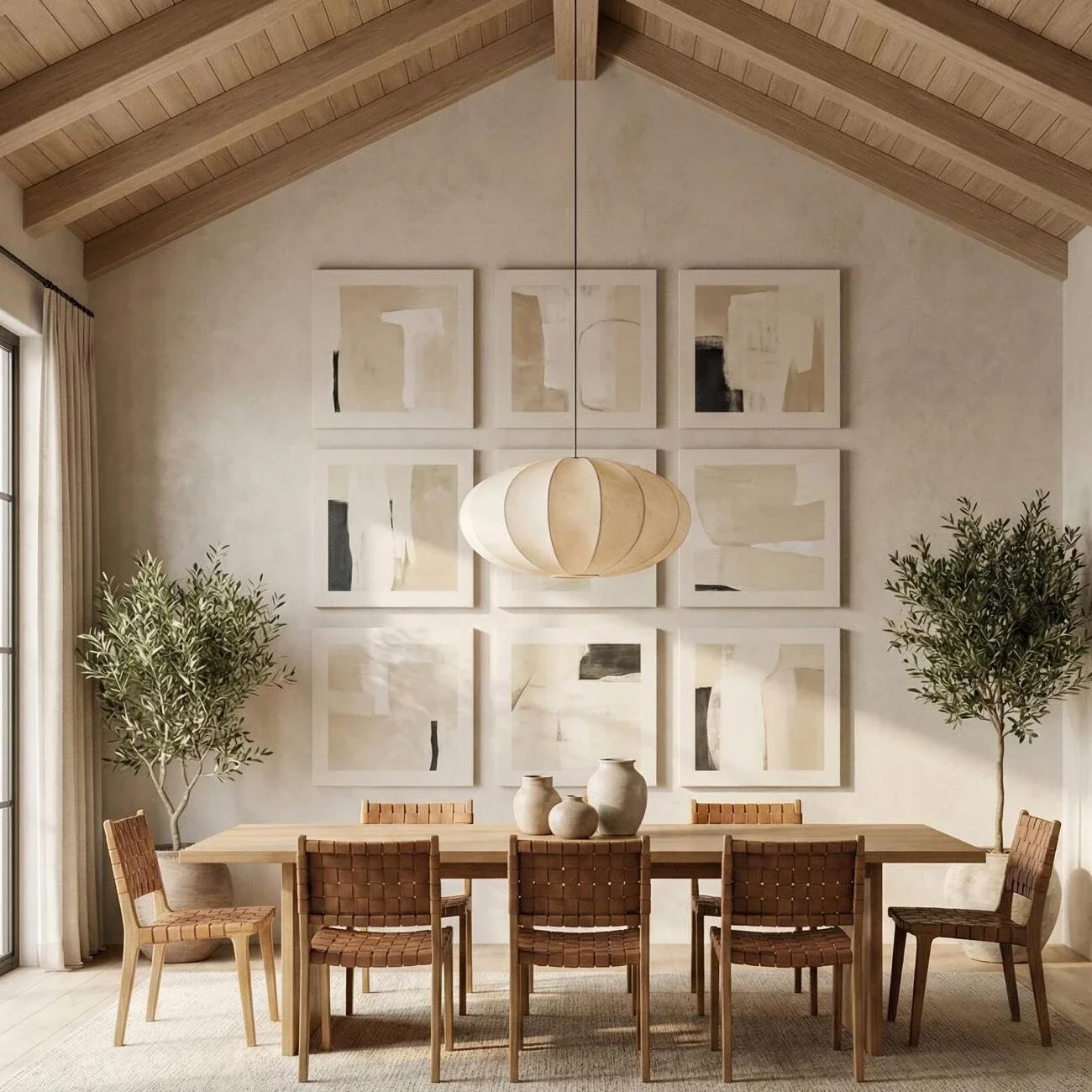 Minimalist dining room with wood table, gallery wall, and pendant light