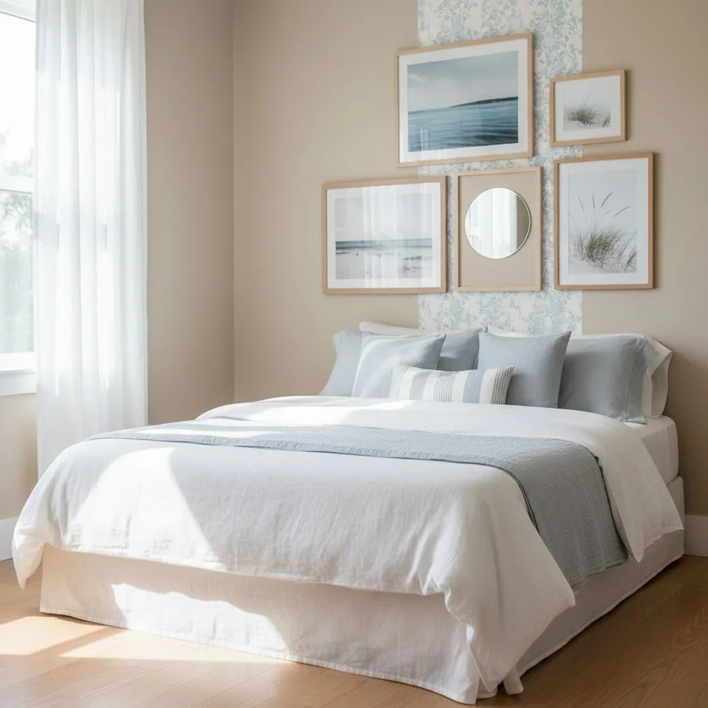 Coastal bedroom with airy wall decor