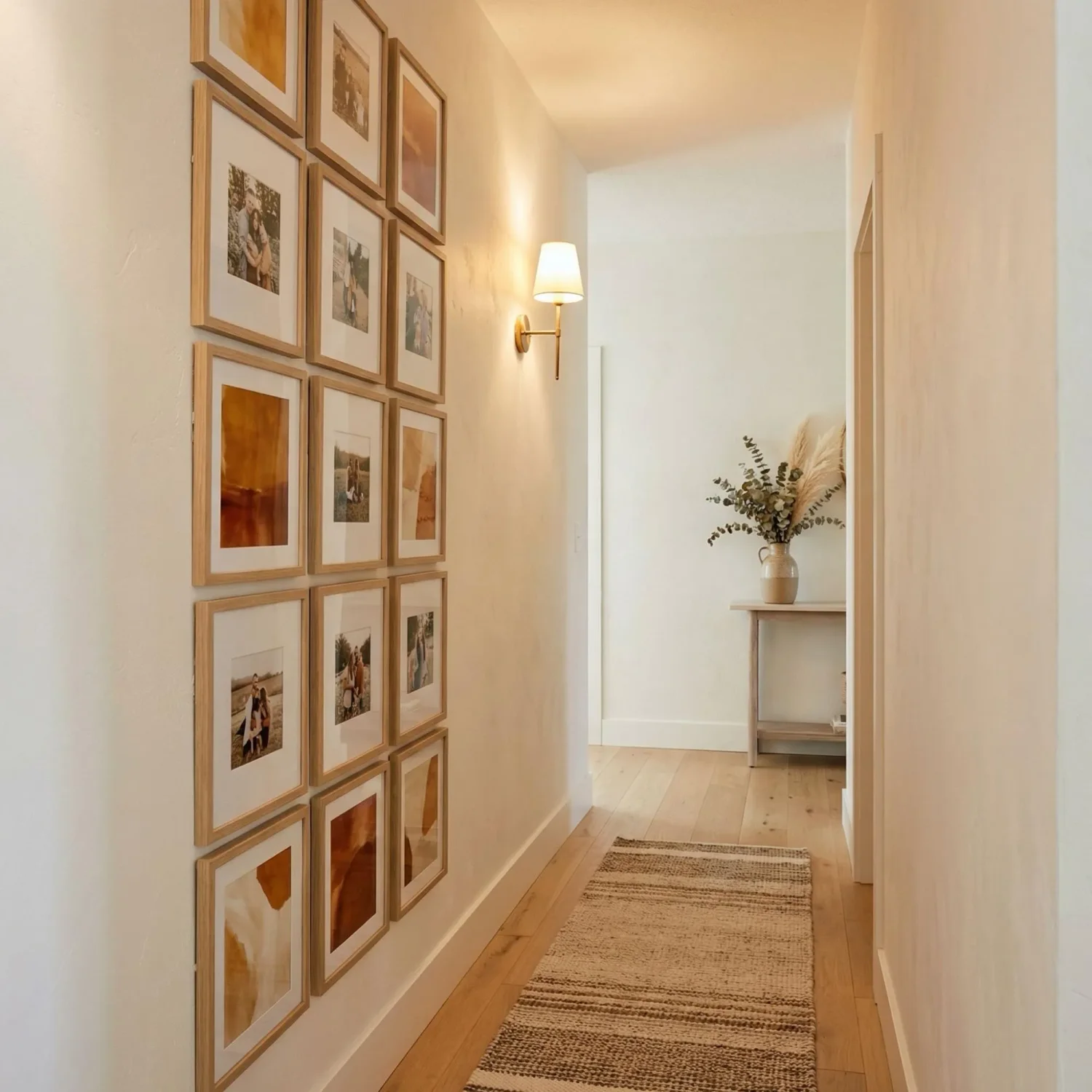 Vertical series of abstract framed art in hallway
