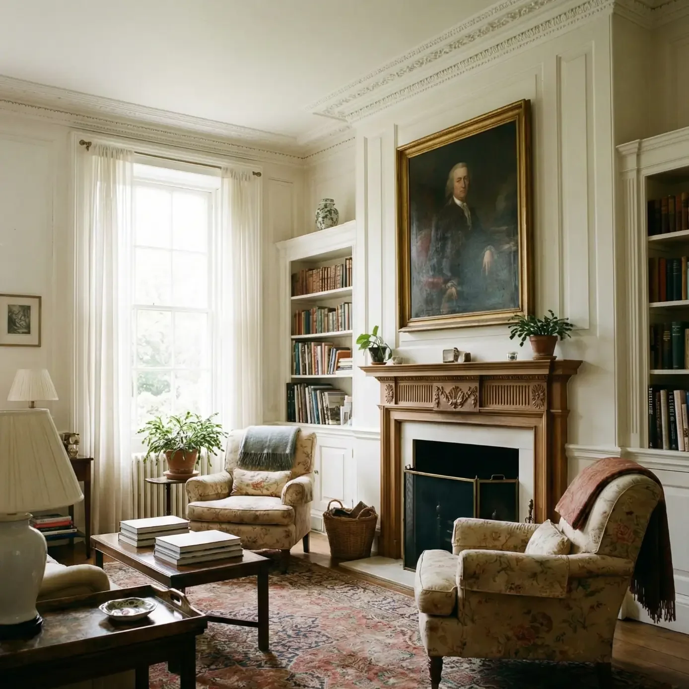 Bright classic lounge with floral chairs and ornate molding