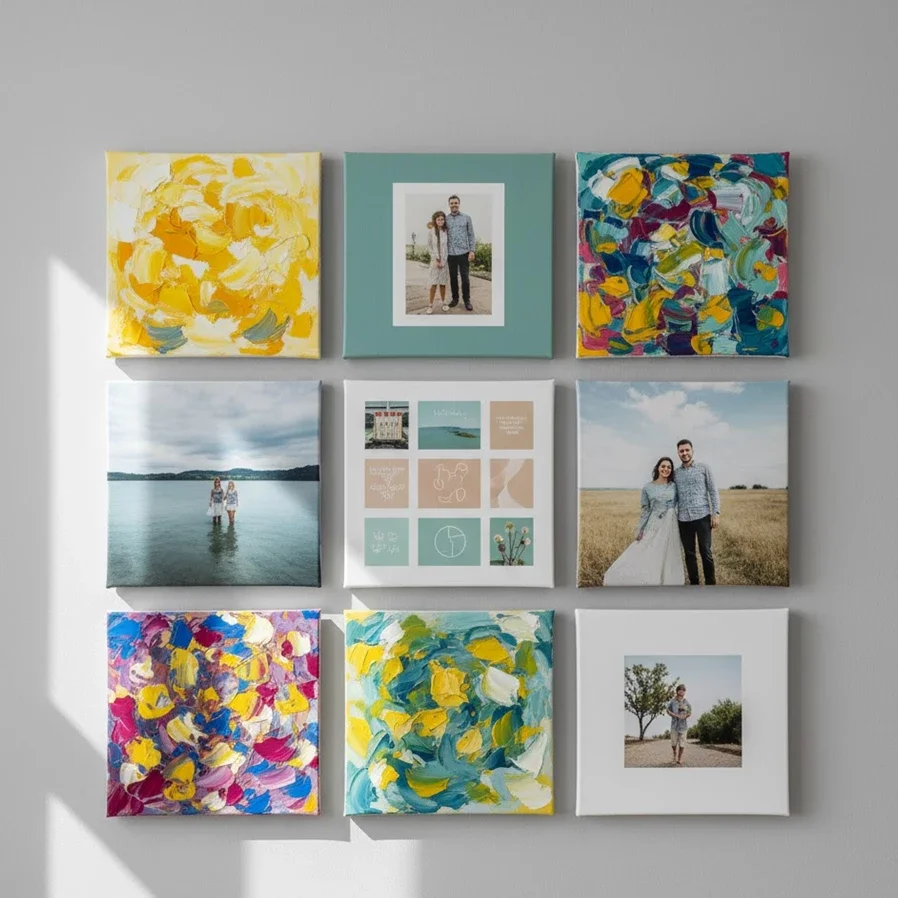 nine square canvases arrange grid of art and photos