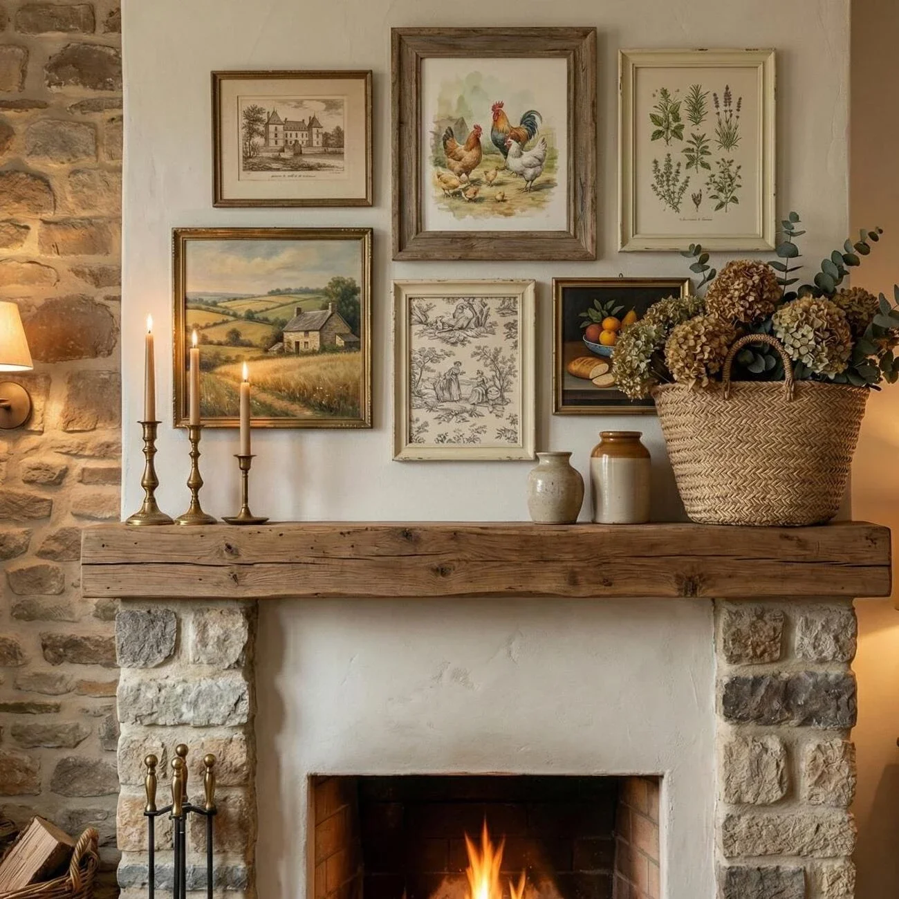 Warm hearth with wooden mantel and countryside-themed gallery