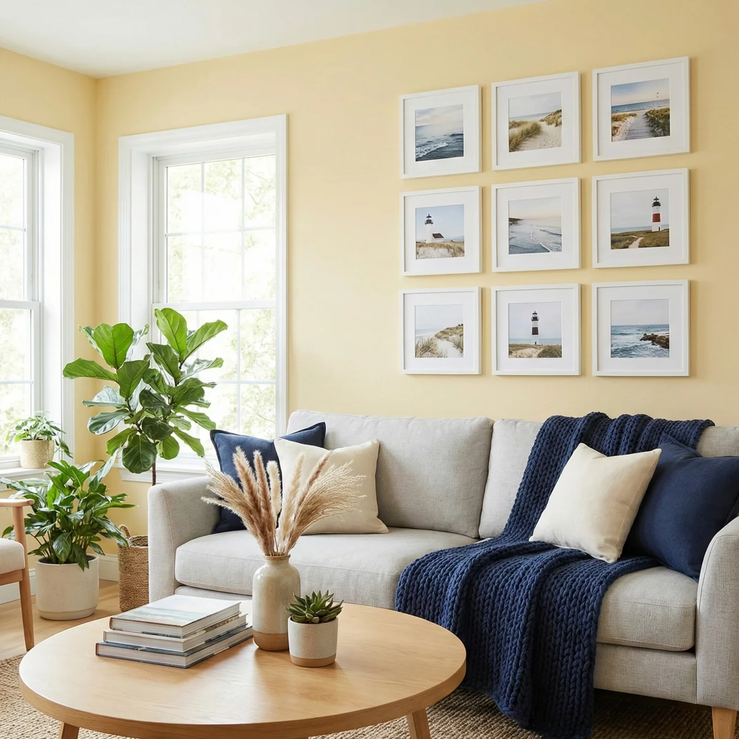 Bright living room with gray sofa and coastal photo gallery