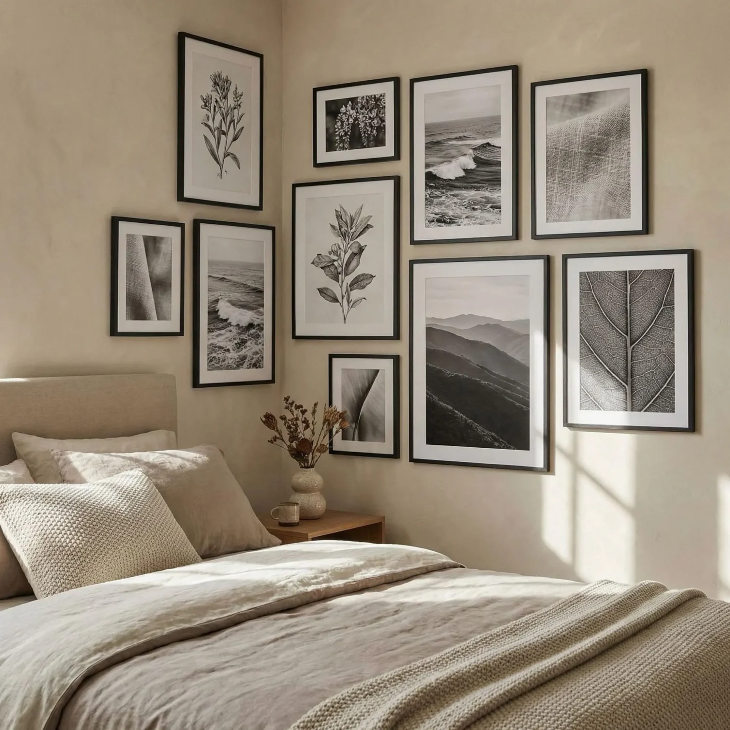 B&W botanical framed photos in white bedroom decor