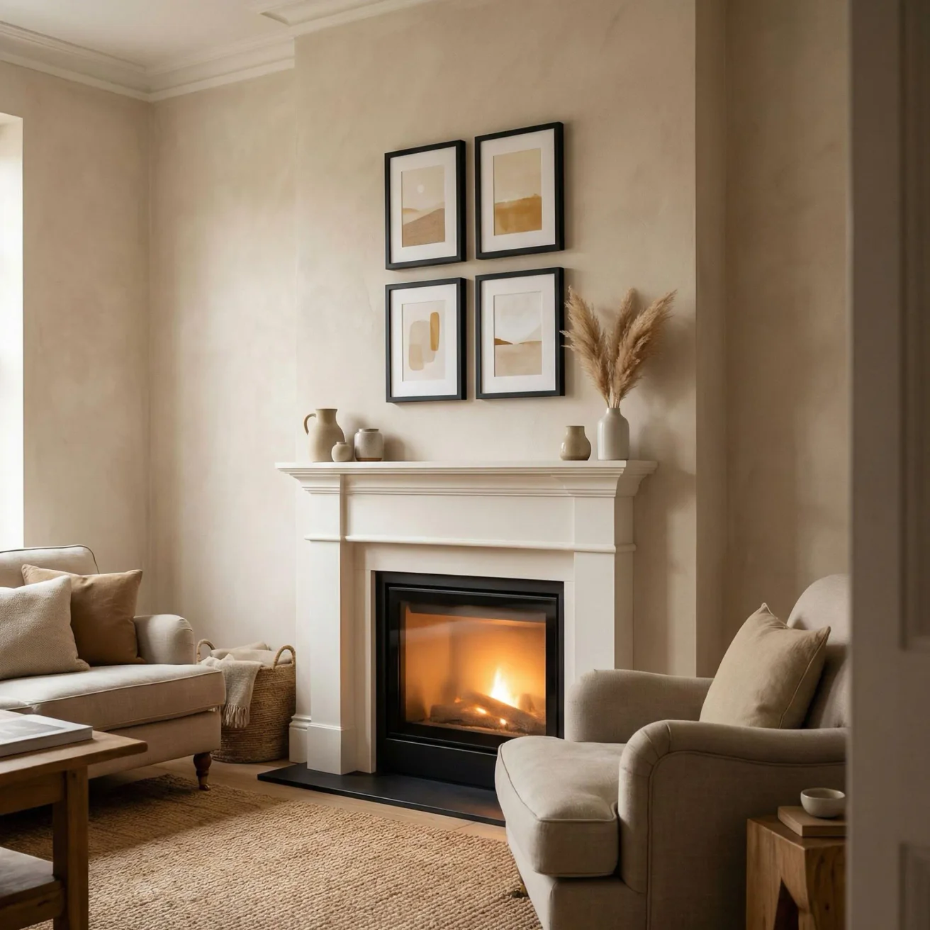 Abstract art grid of framed prints above fireplace