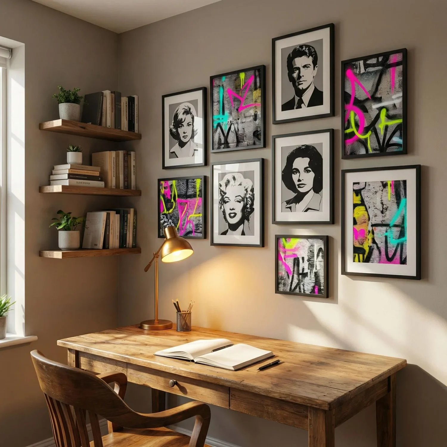 Street art framed photos in creative home office