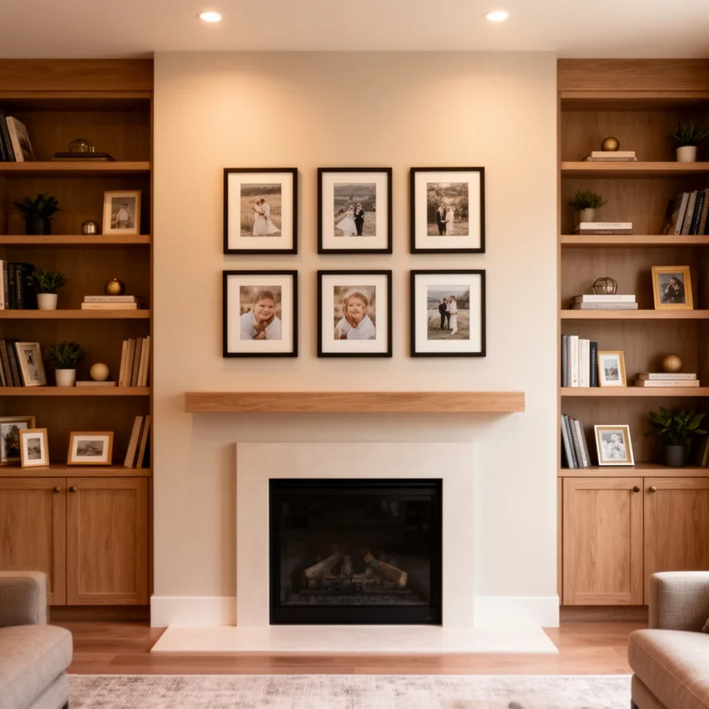 Bookcases on either side of a fireplace