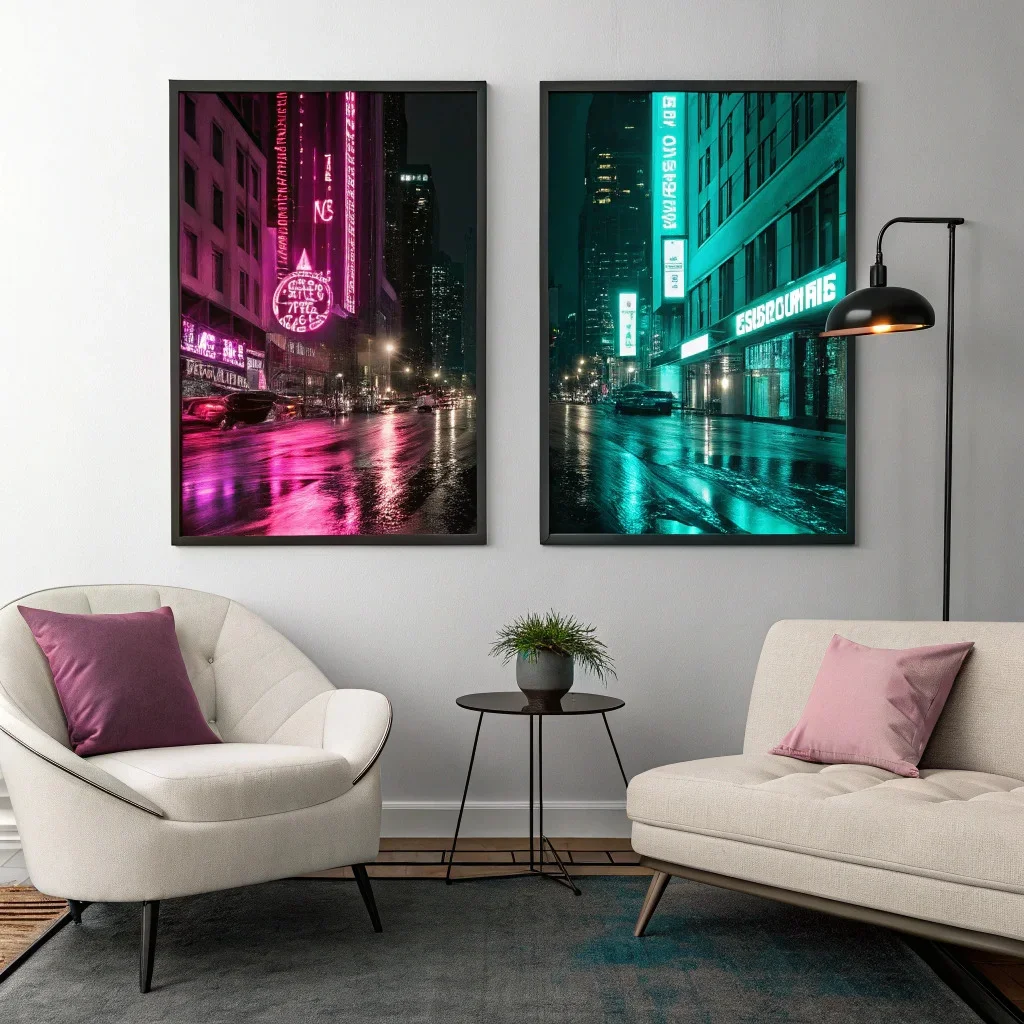 A gallery wall of neon-style photography featuring glowing city signs, wet street reflections, and magenta-teal lighting that evokes 1980s nightlife.