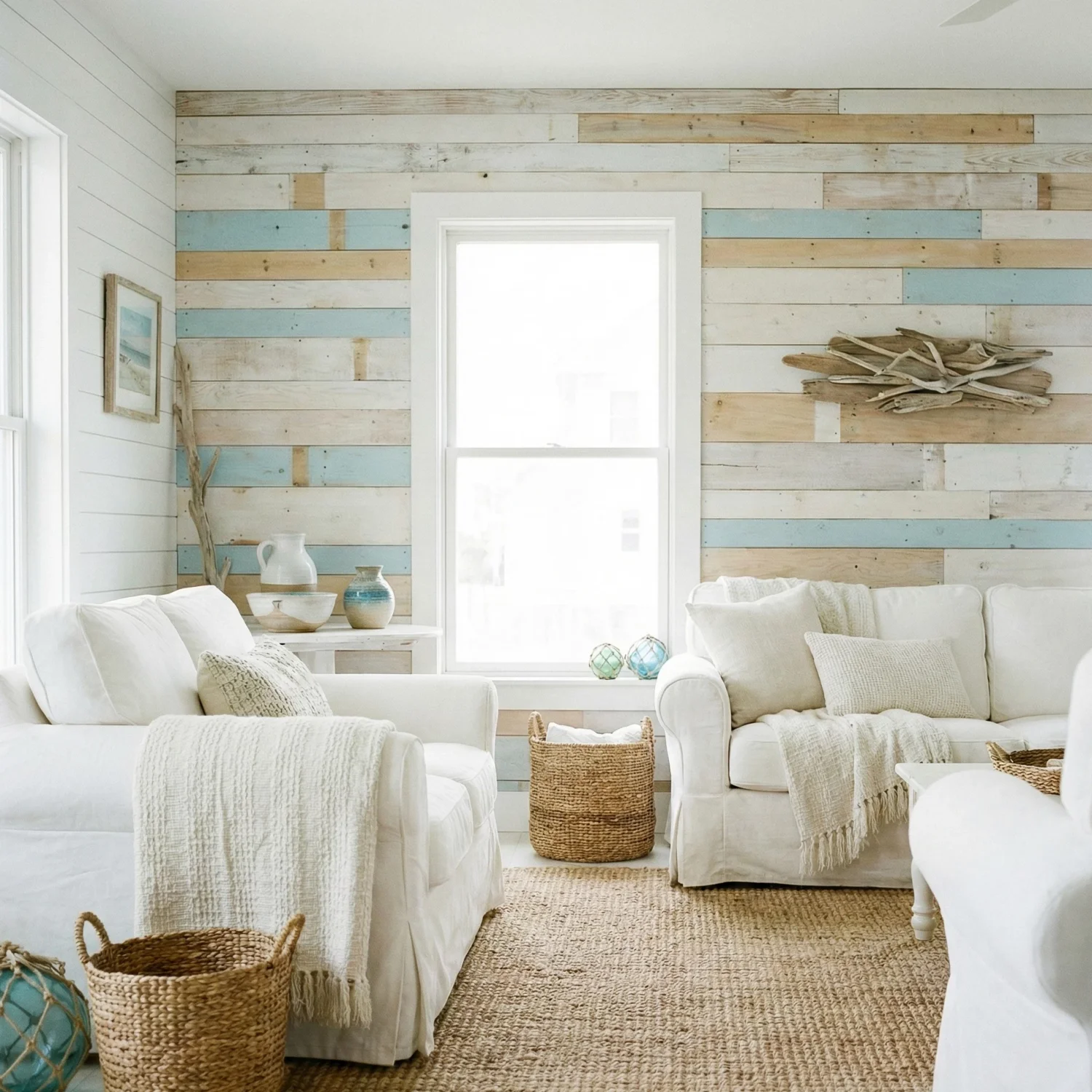 Bright coastal living room with white sofas and driftwood décor