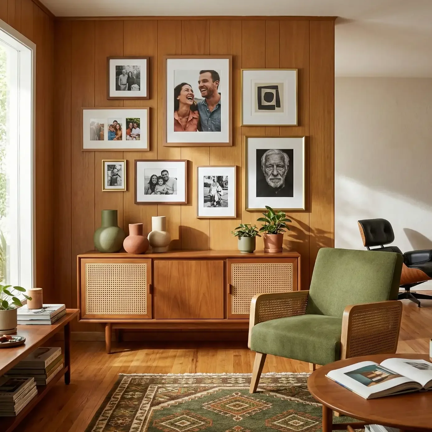 Mid-century living room with photo gallery on wood panel wall