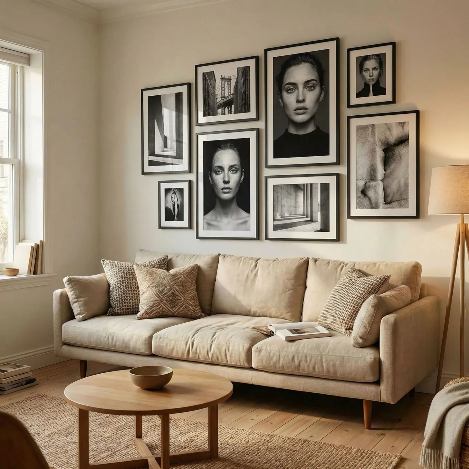 Large gallery wall with 9 framed photos black frames