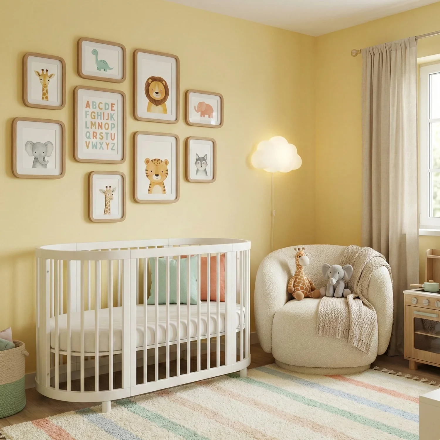 Soft yellow nursery with crib, animal art, and cozy chair