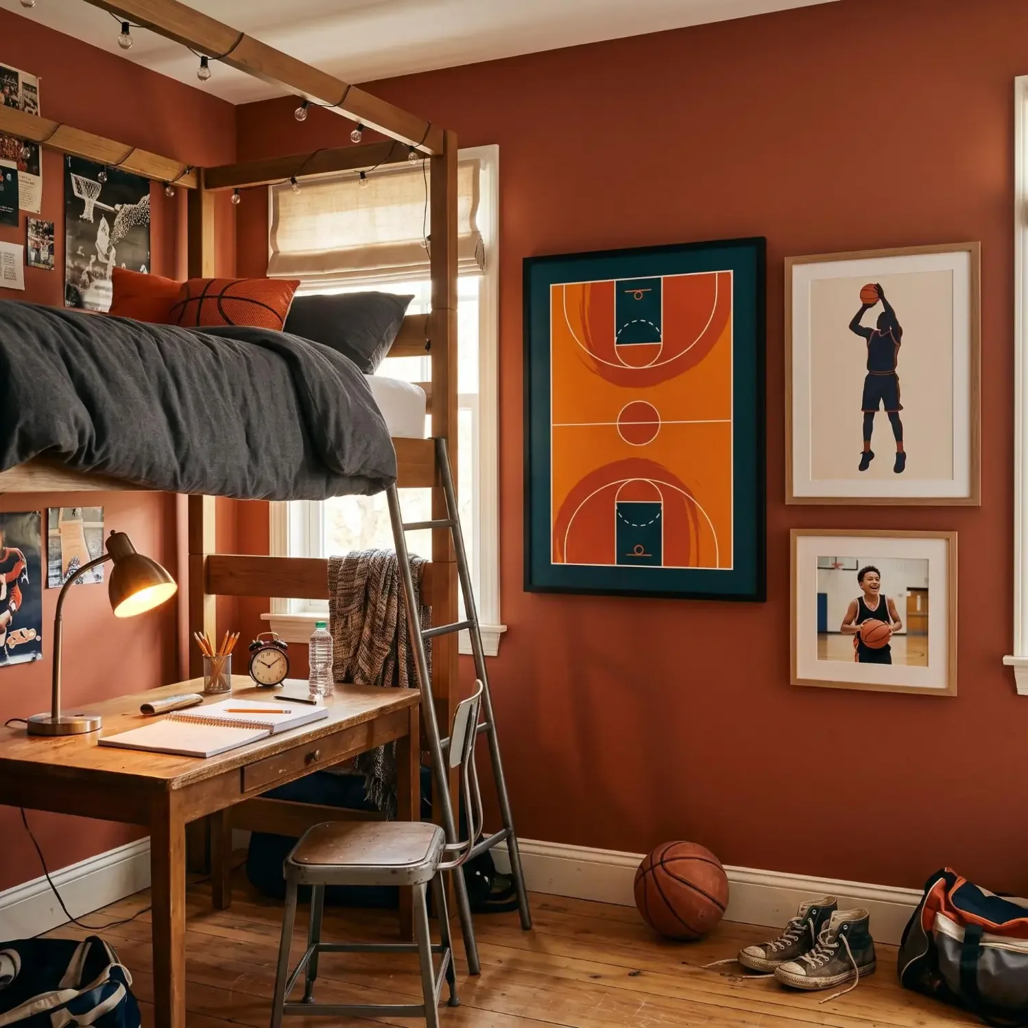 Tween bedroom with bold basketball wall art