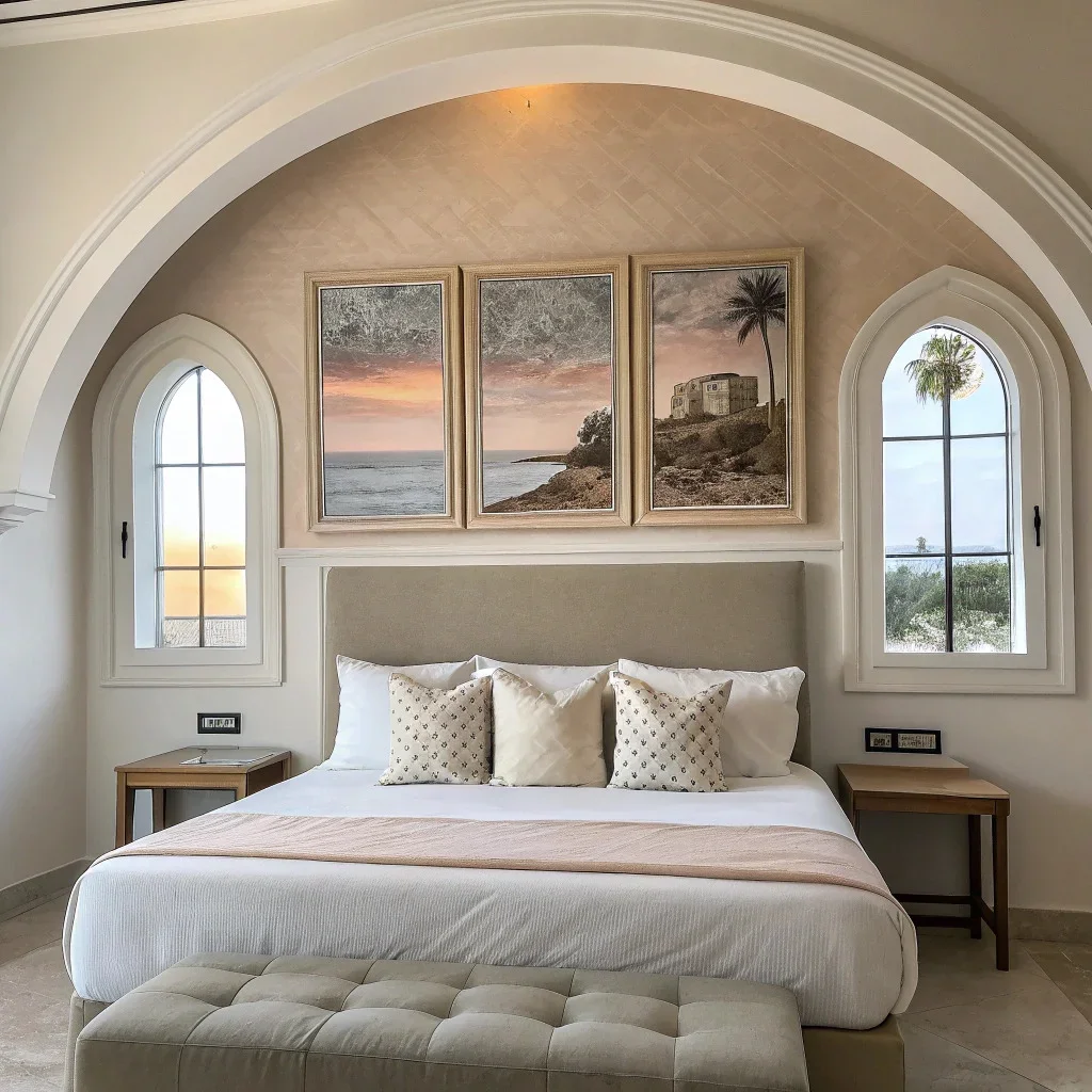 Bedroom with a DIY painted arch behind the headboard and a triptych centered over the bed.