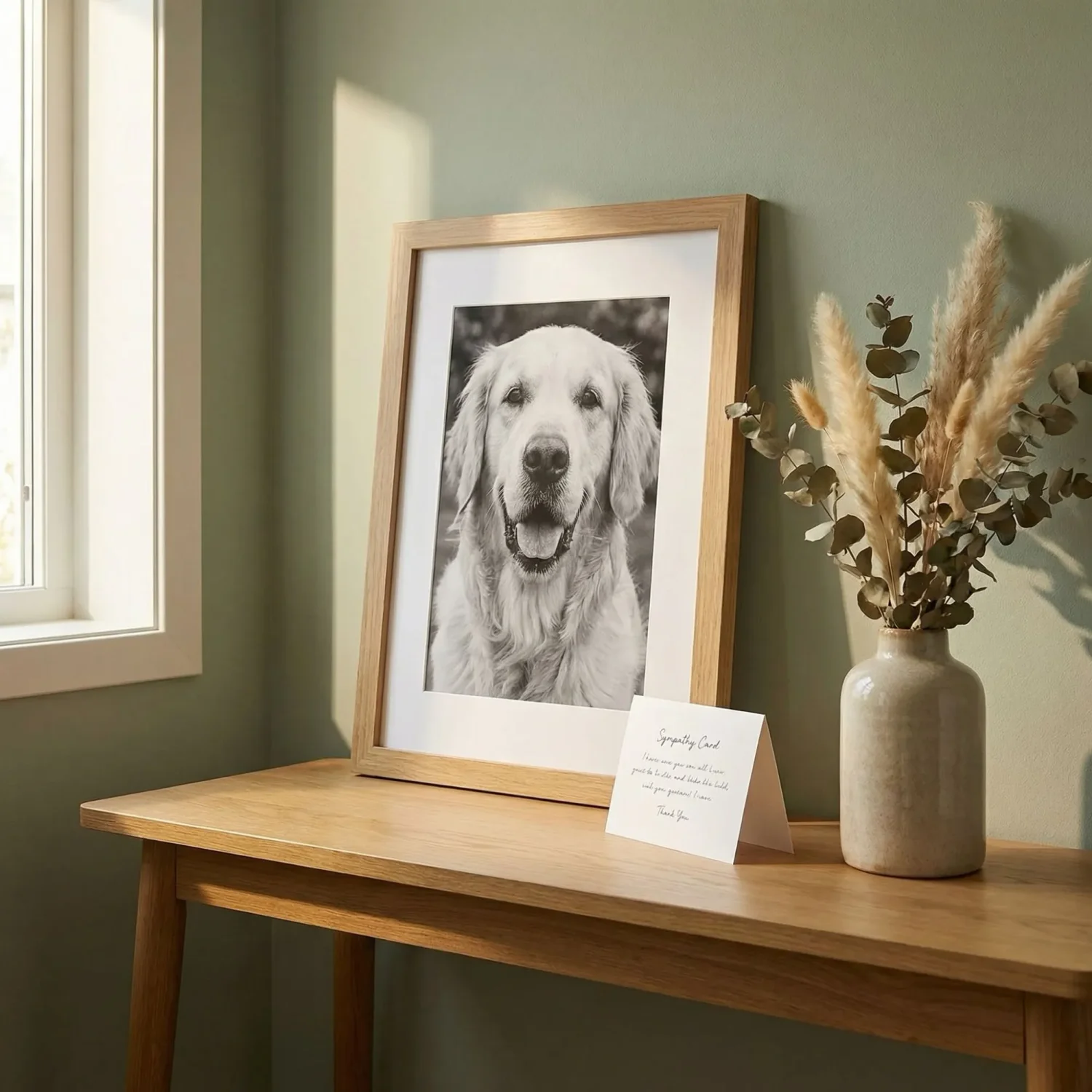 Single framed dog photo sympathy gift on desk