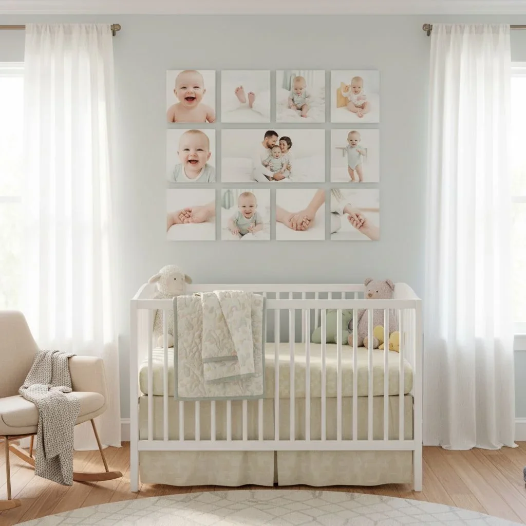 Nursery with baby milestone photo tile wall