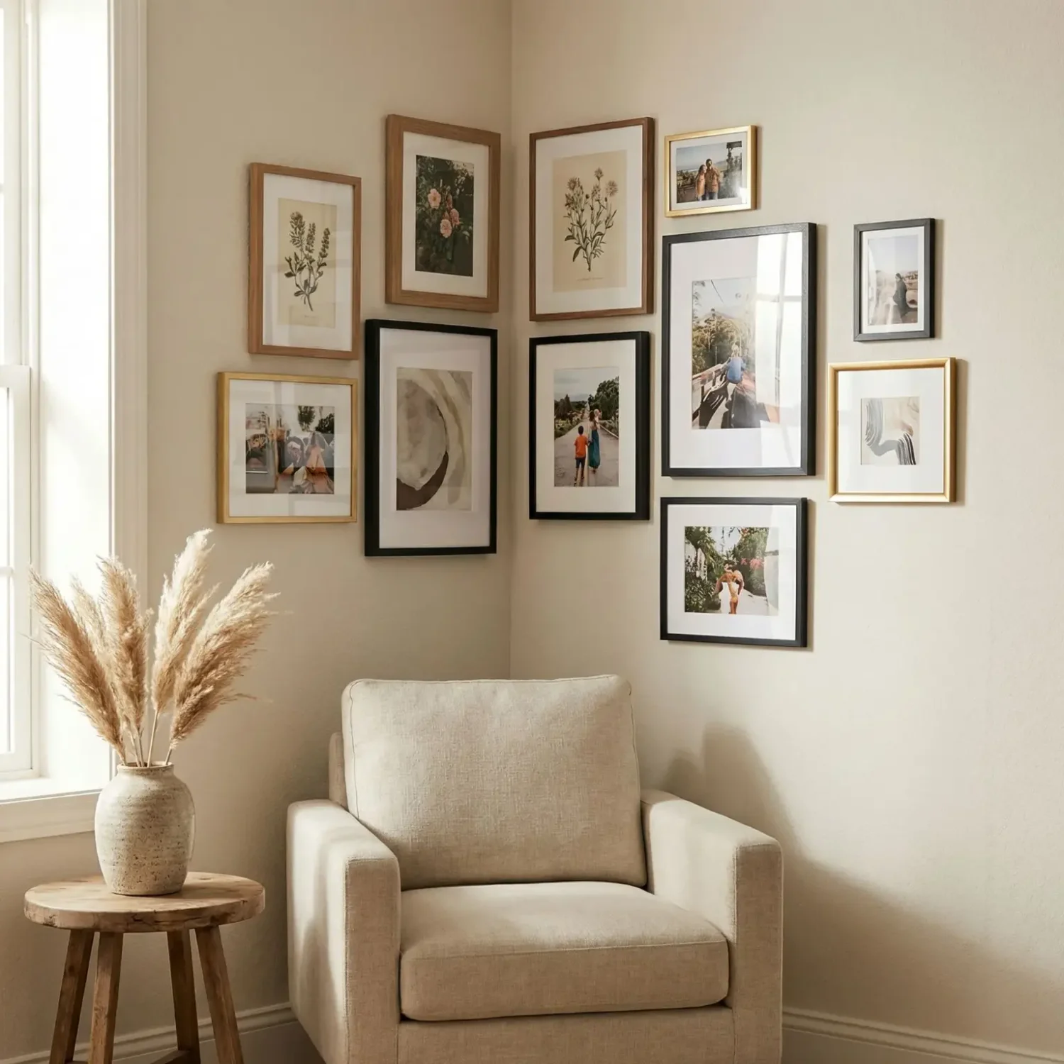Asymmetrical framed photo cluster above accent chair