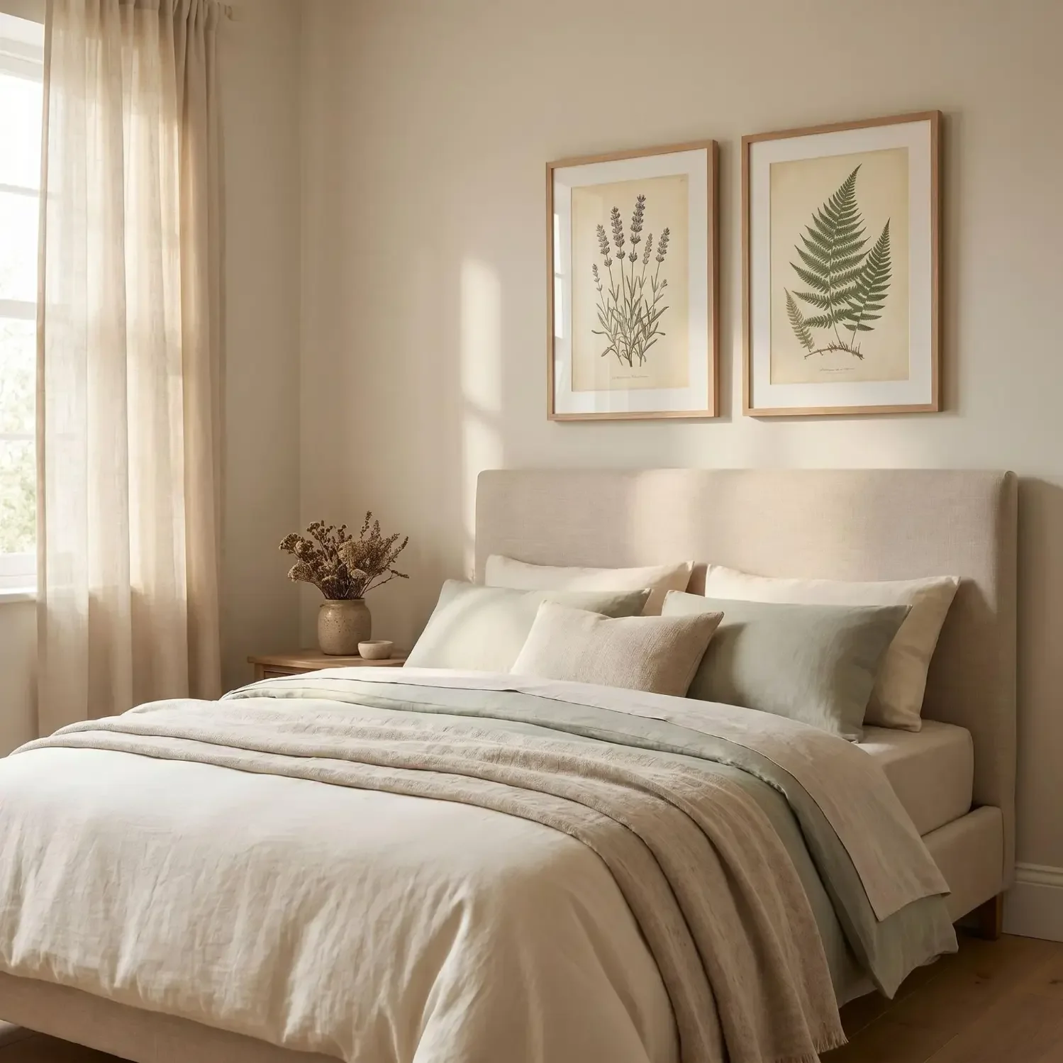 Botanical framed prints above bedroom headboard