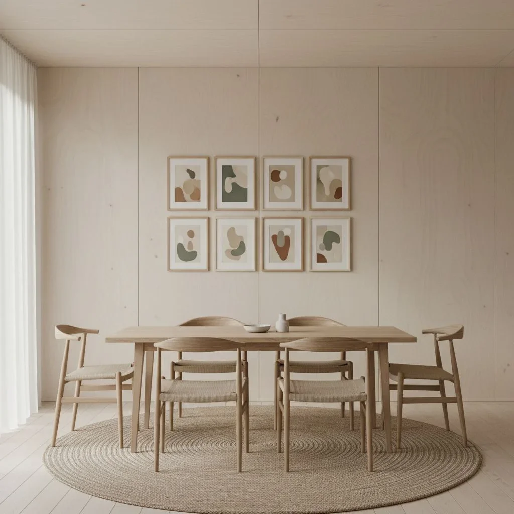 Minimalist dining room with soft plywood and Mixtiles