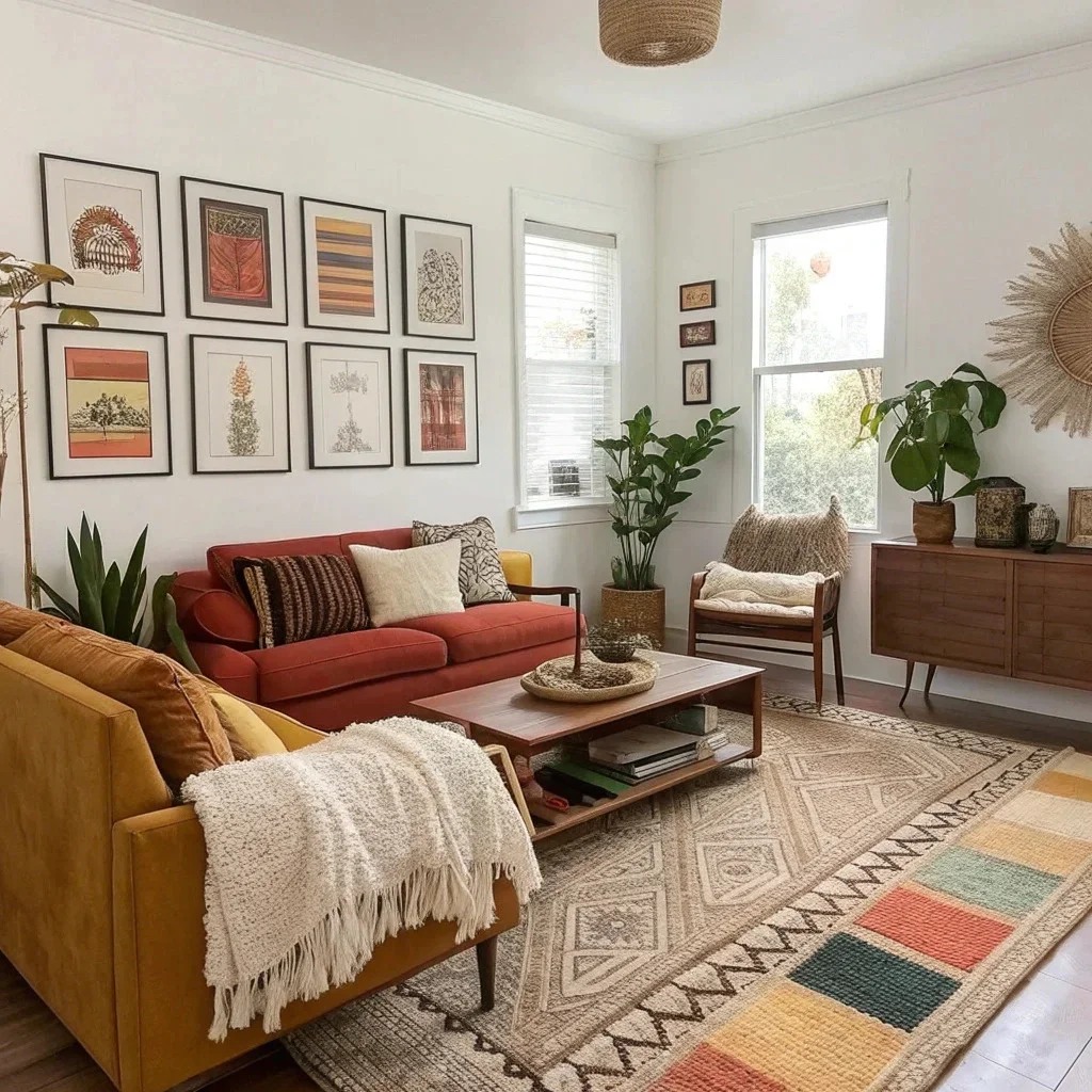 Eclectic living room mixing vintage and modern pieces, layered textures, warm colors, and curated objects arranged intentionally and not cluttered.