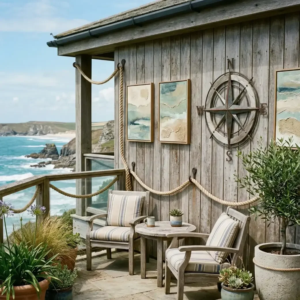 Coastal patio with striped chairs and ocean cliff view