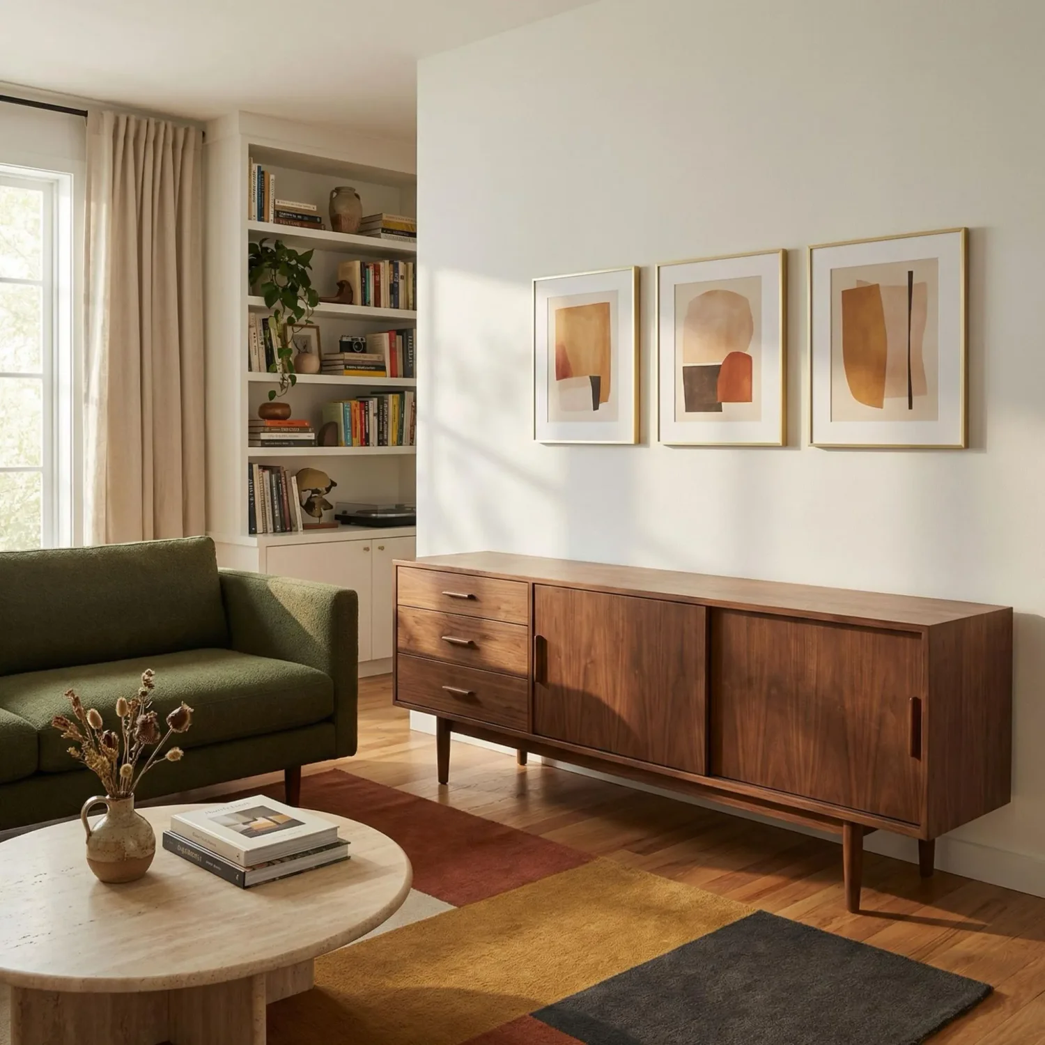 Mid century modern framed pictures above credenza