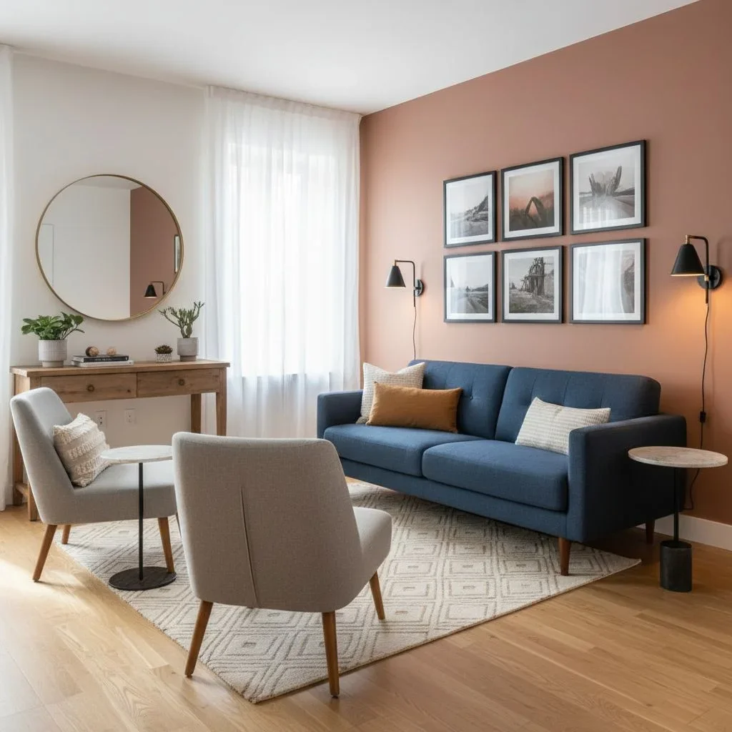 Small living room with mirror and gallery wall