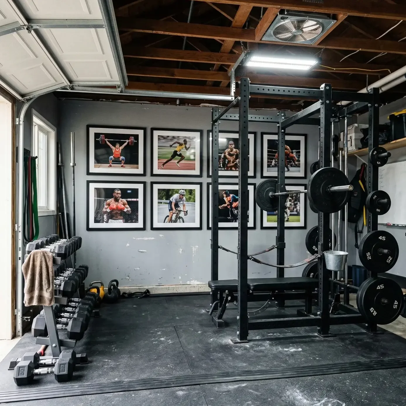 Garage home gym with squat rack and sports photo gallery