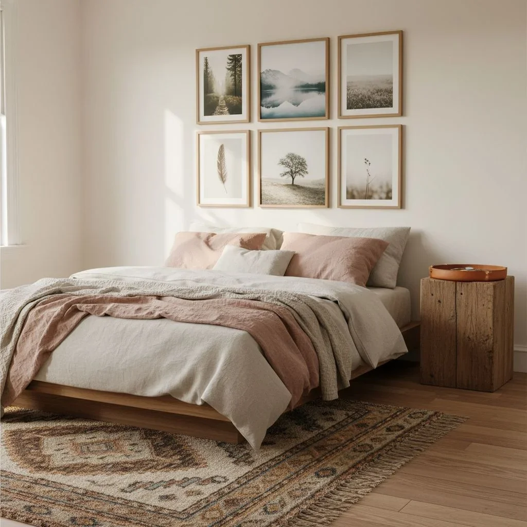 Restful bedroom with nature prints and linen bedding