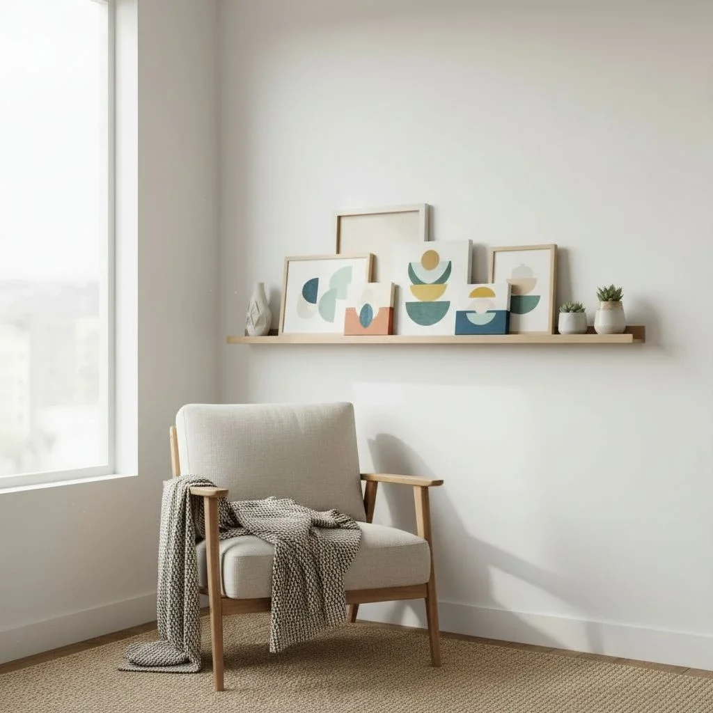 picture ledge displays layered abstract prints above lounge chair