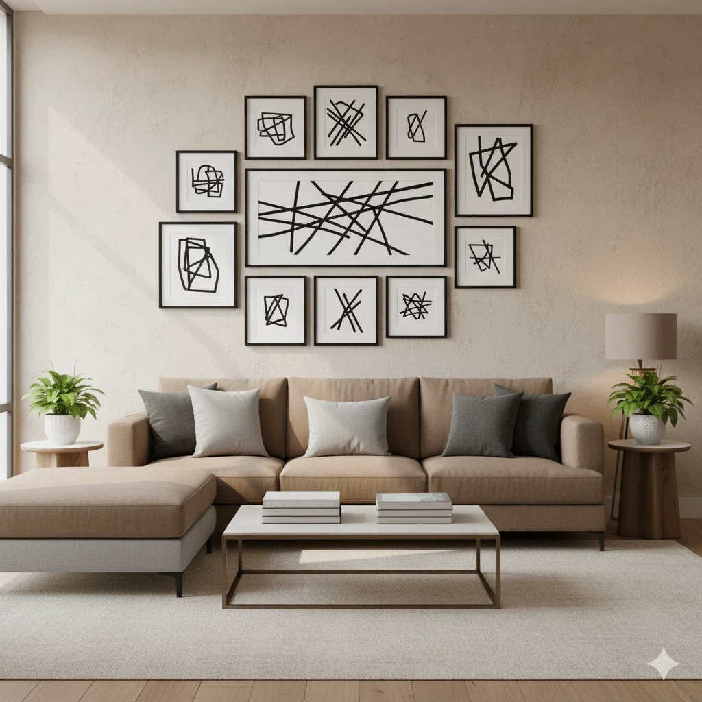 beige living room with abstract gallery wall over sofa