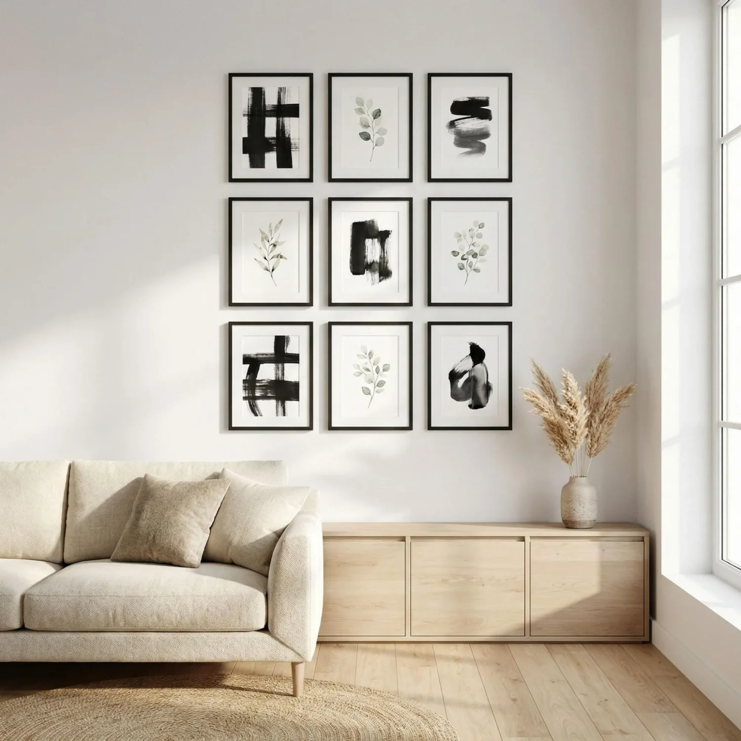 Minimalist Scandinavian grid gallery wall in living room