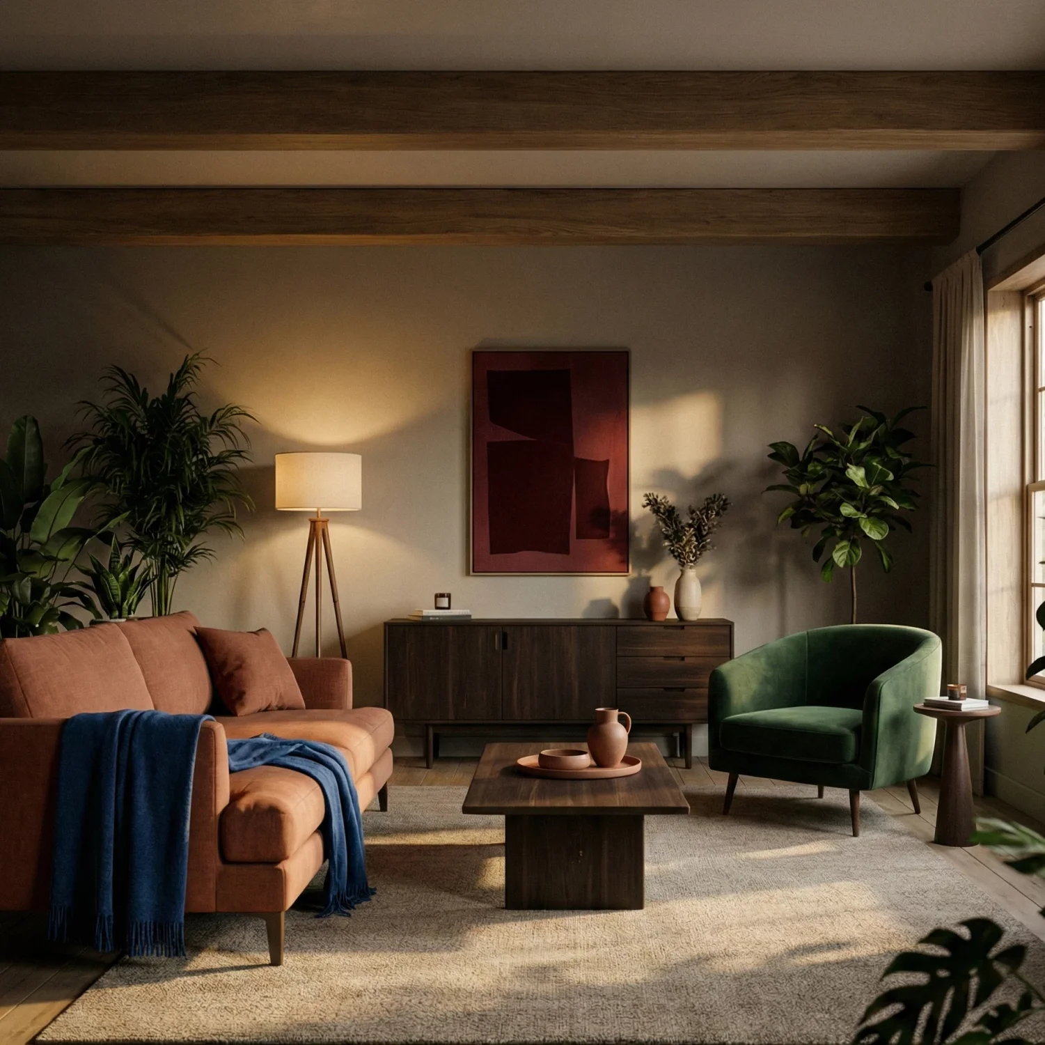 Cozy modern lounge with earthy tones and lush indoor plants