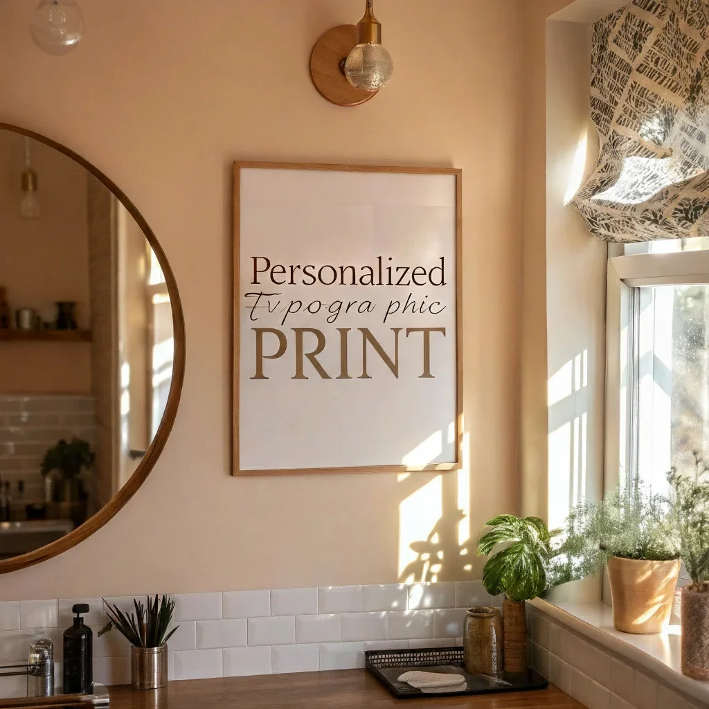  A cozy modern kitchen featuring a round mirror that reflects light and a simple typographic print with a meaningful, personal phrase on the adjacent wall.