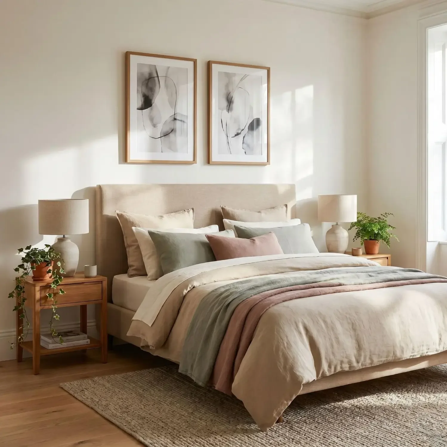 Bedroom headboard flanked by matching abstract framed prints