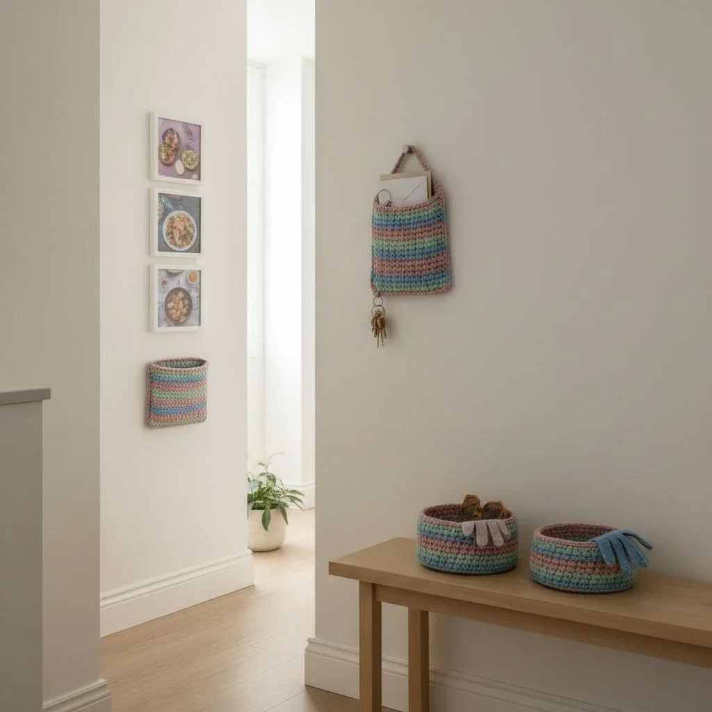 Organized entryway with crochet storage and Mixtiles