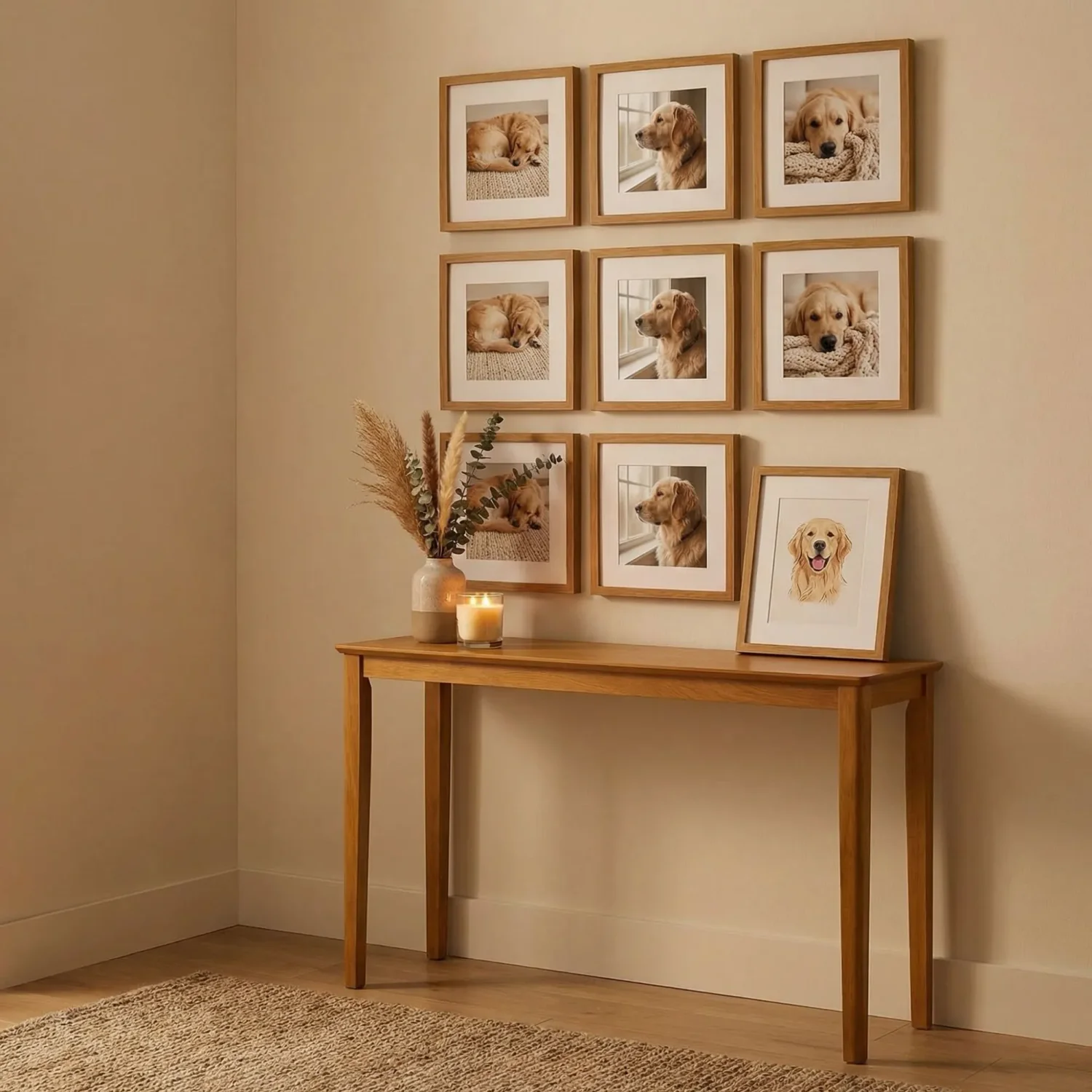 Homebody dog lover framed photo grid on console