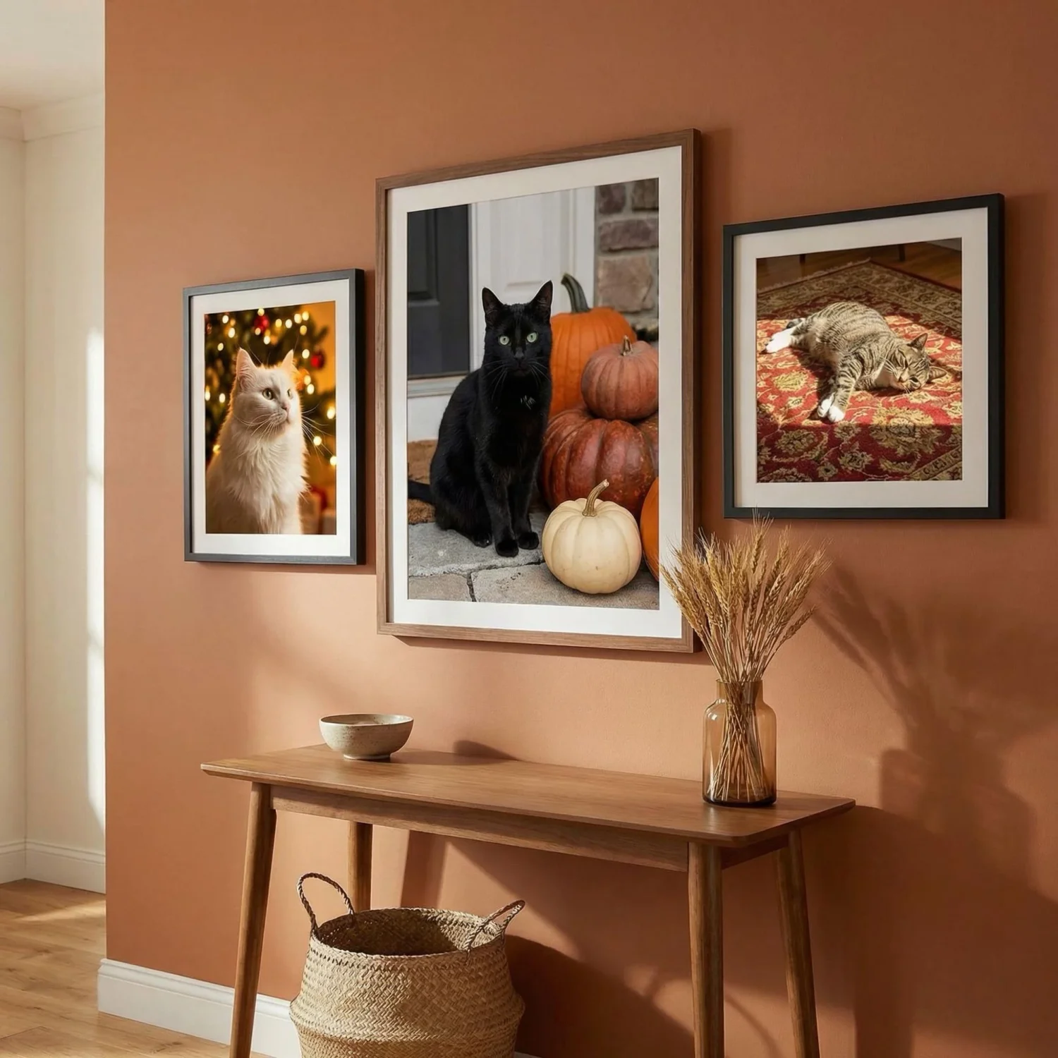 Seasonal cat framed photos in warm home entryway

