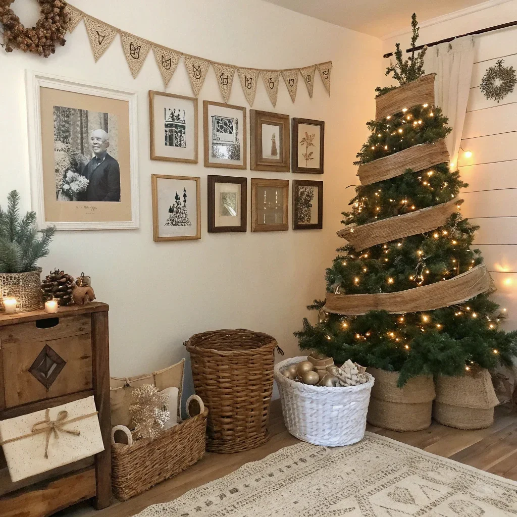 A rustic farmhouse Christmas setup featuring burlap, twine, kraft paper, vintage ornaments, pinecones, and black-and-white or sepia family photos in warm wood frames.