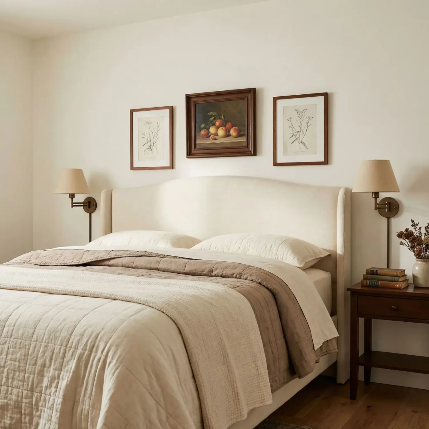 Farmhouse bedroom botanical framed art above bed