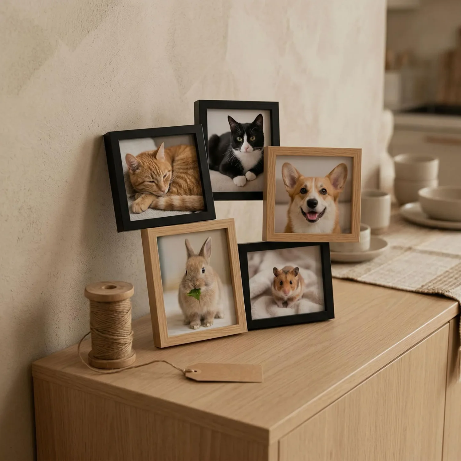 Mini pet photo gift gallery clustered on sideboard