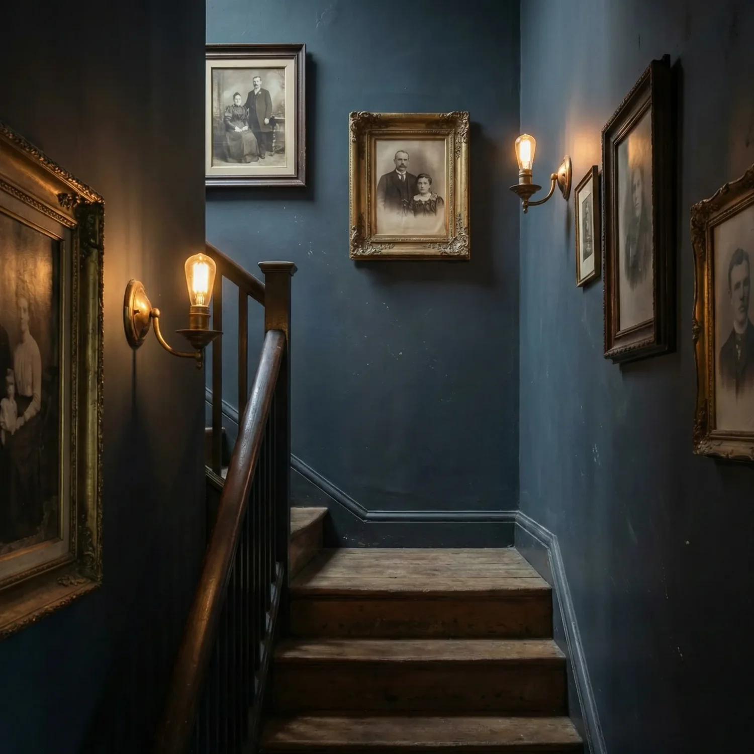 Moody staircase with vintage portraits and warm wall sconces