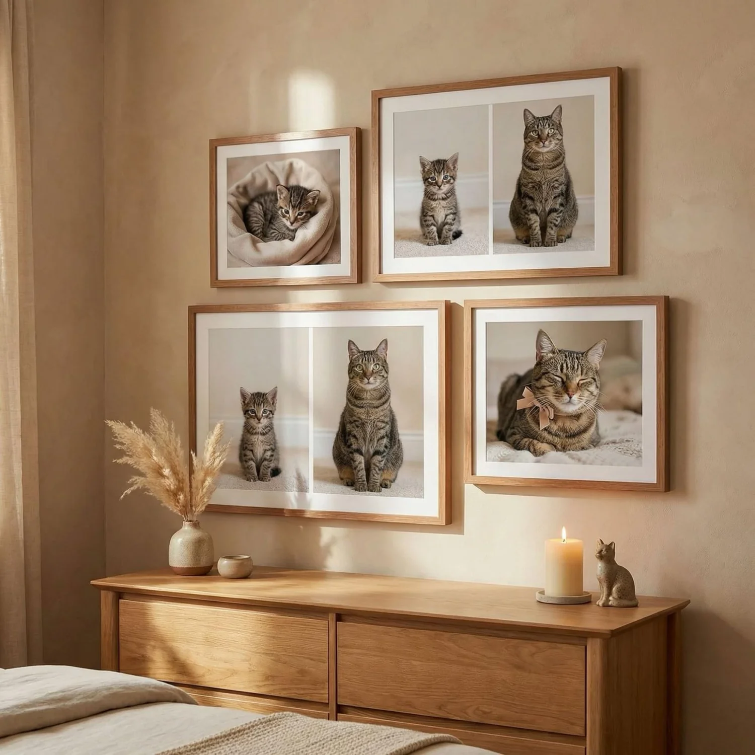 Cat milestone framed pictures on warm bedroom wall
