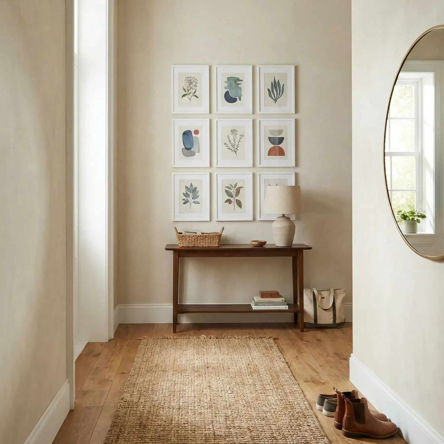 Cozy entry hallway with console table, round mirror, gallery wall